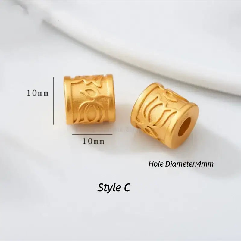 Style C gold-plated barrel bead with carved lotus flower motif. 10x10mm, 4mm hole.