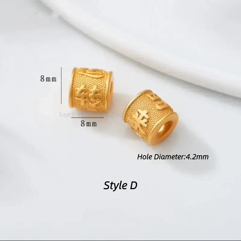 Style D gold-plated barrel bead with Chinese Zhuan Yun lucky characters. 8x8mm, 4.2mm hole.