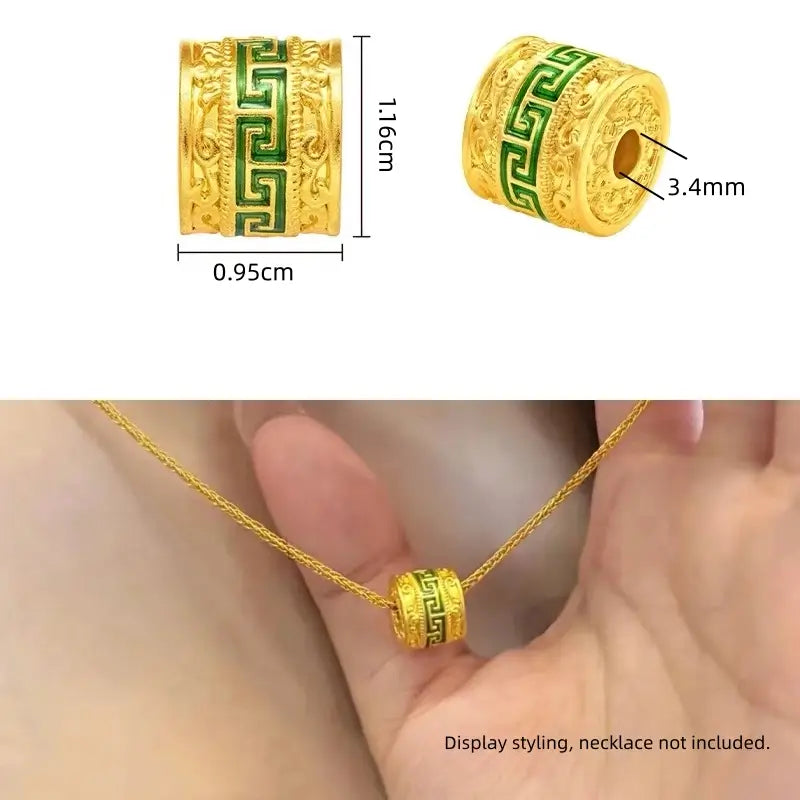 Dimensions diagram and necklace view of green enamel meander pattern Lu Lu Tong gold barrel bead.