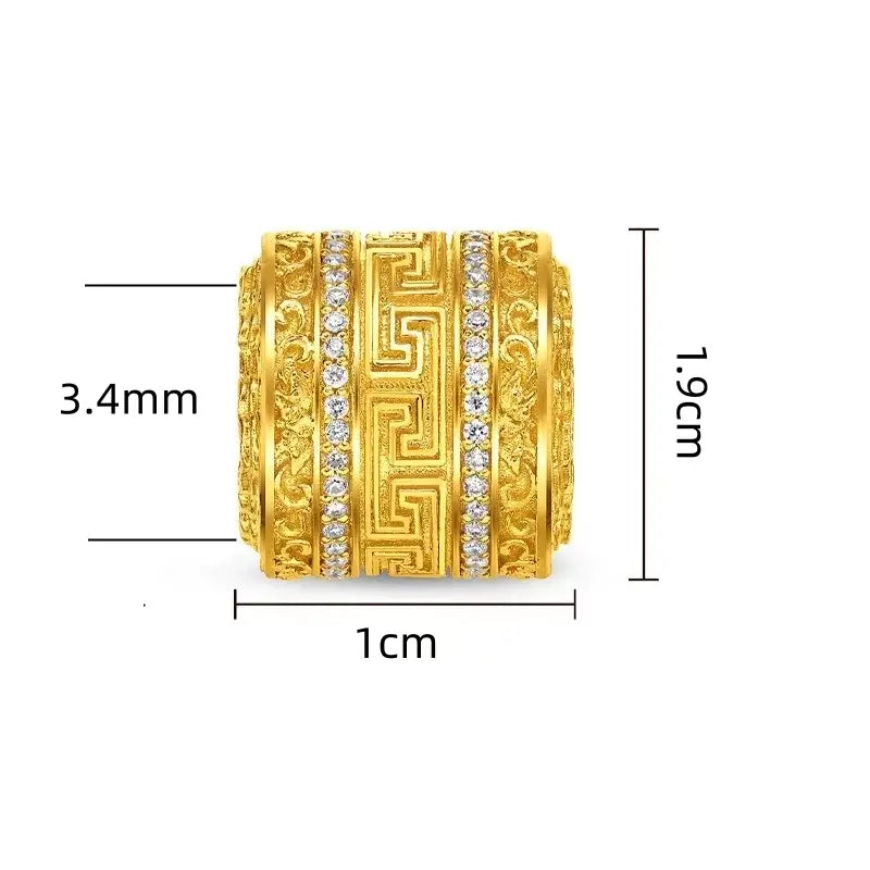 Size specifications for gold meander pattern Lu Lu Tong bead inlaid with sparkling cubic zirconia.