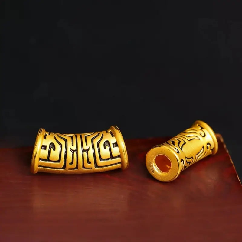 Gold-plated Chinese Taotie pattern curved Lu Lu Tong tube beads for DIY bracelet jewelry making.