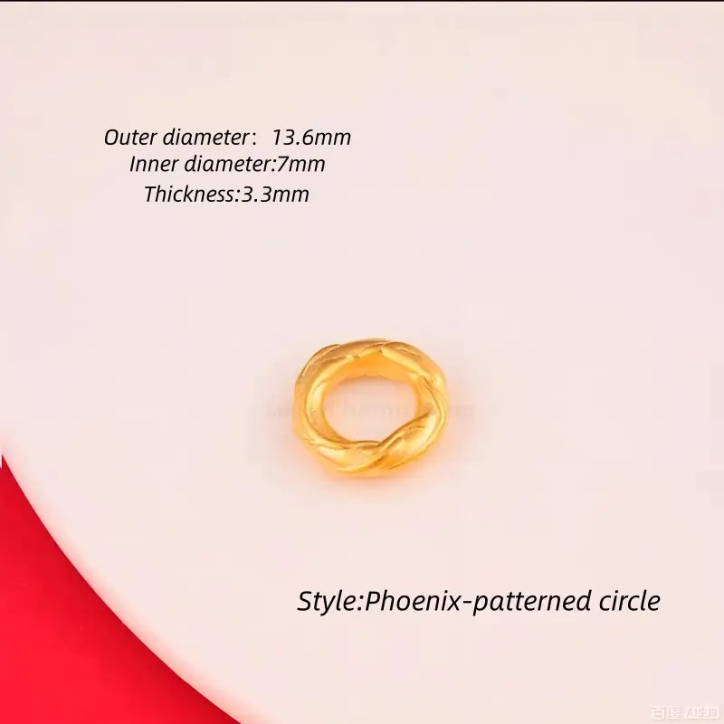 Gold-plated phoenix-patterned circle peace buckle charm with size specs for DIY bracelets.
