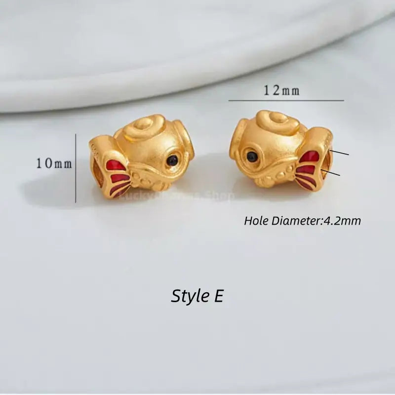 Cute gold fish bead with red enamel fins, 12mm x 10mm with 4.2mm hole (Style E).