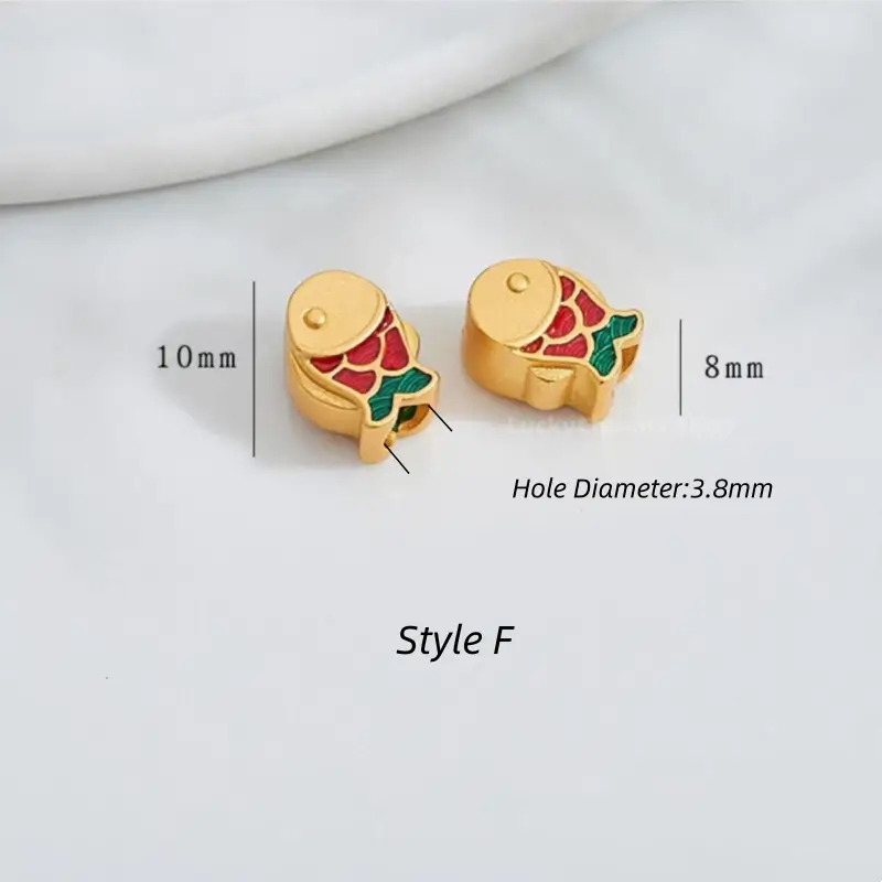 Flat gold fish charm bead with red and green enamel scales, 10mm x 8mm (Style F).