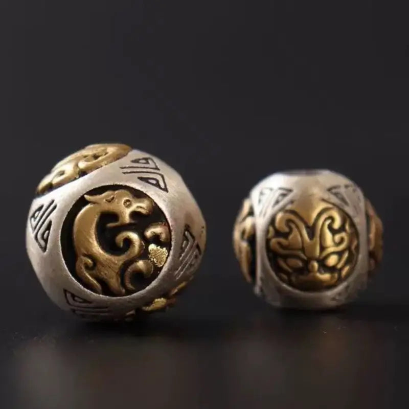 Pair of 925 sterling silver beads with brass brass-inlaid four divine beasts patterns.