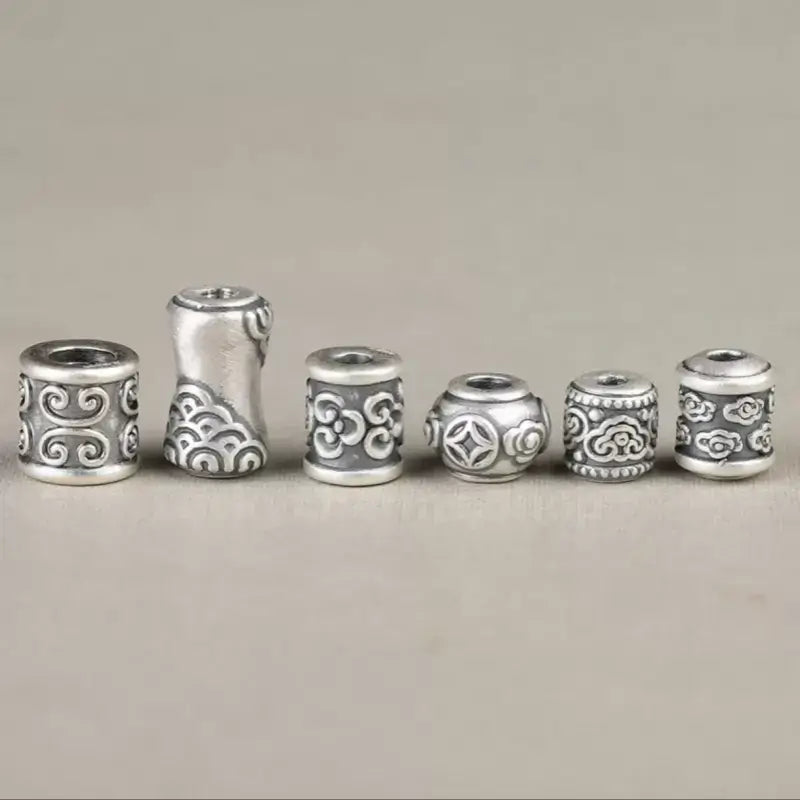 999 fine silver Lu Lu Tong barrel loose beads with traditional Chinese auspicious patterns for DIY jewelry.