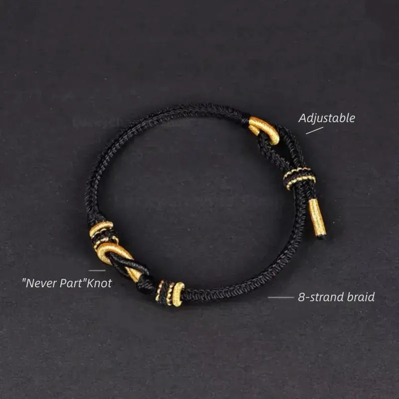 Black 8-strand braid bracelet diagram showing Never Part knot and adjustable closure.