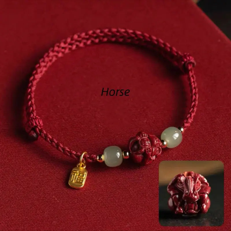 Hand-braided red string bracelet featuring carved Horse zodiac cinnabar bead and Hetian jade stone.