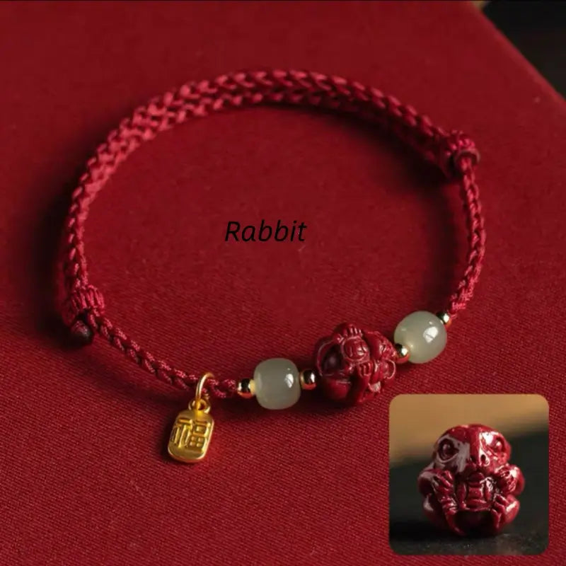 Chinese zodiac red braided bracelet with carved Rabbit cinnabar bead and natural Hetian jade stones.