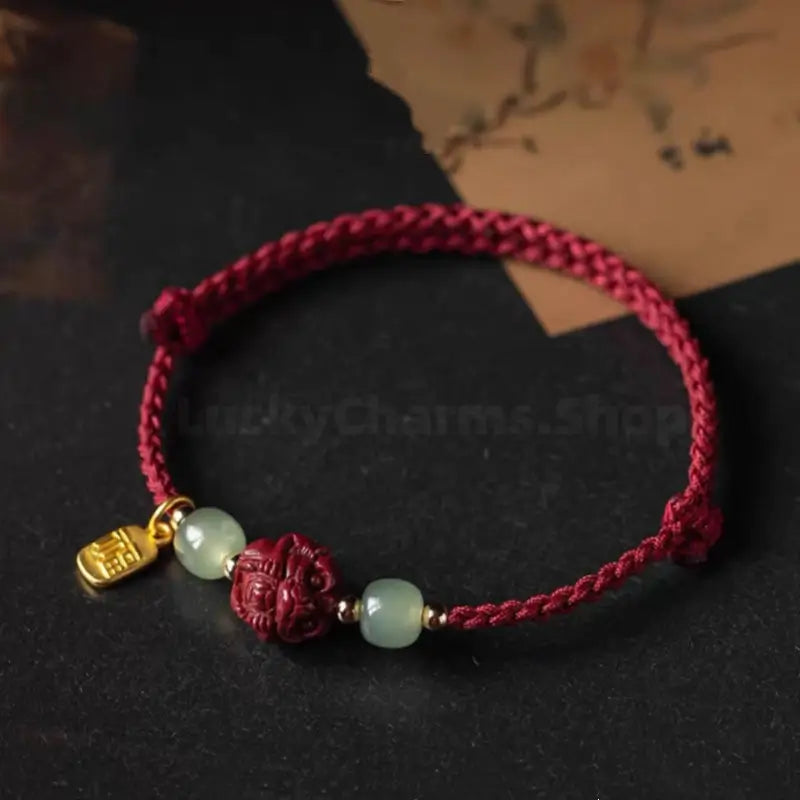 Chinese zodiac cinnabar bead bracelet with natural Hetian jade beads and a gold Fu lucky tag on red cord.