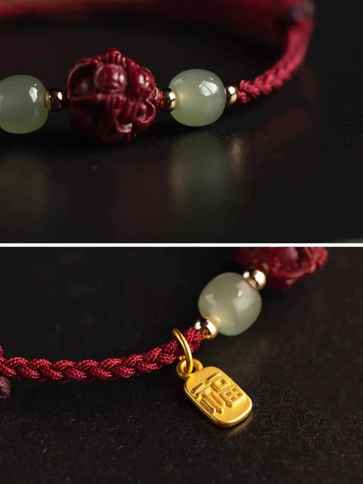 Close-up of gold Chinese Fu blessing charm tag and smooth Hetian jade bead on hand-braided red cord.