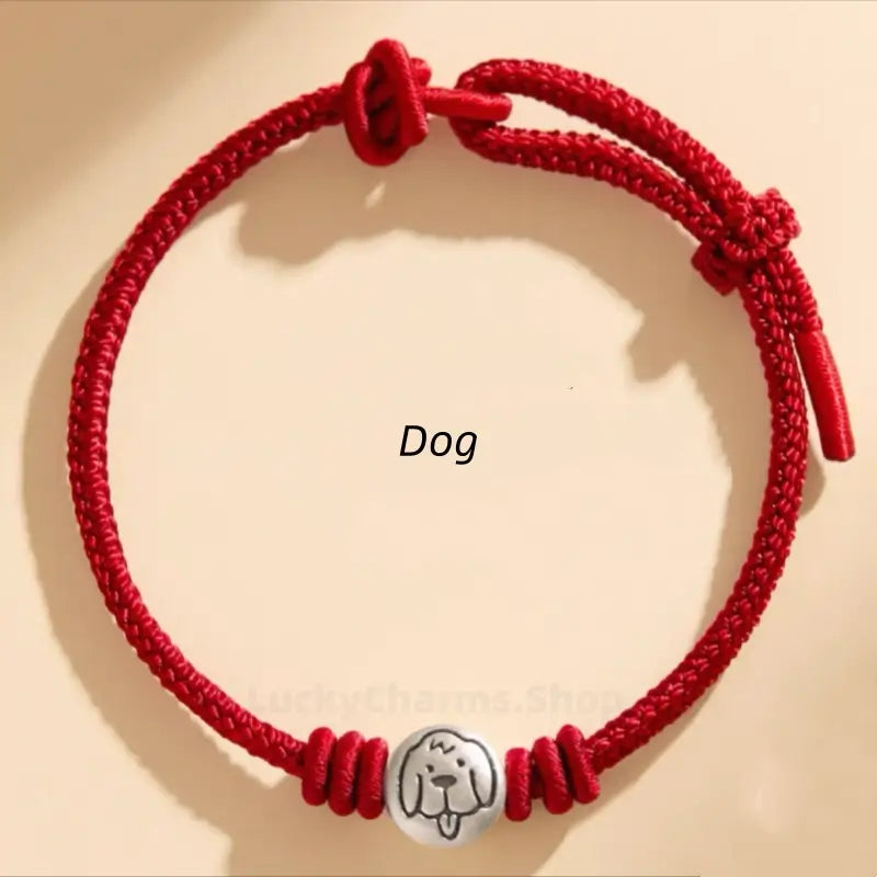 Chinese zodiac Dog braided red rope bracelet with a 999 fine silver cute animal engraved charm bead.