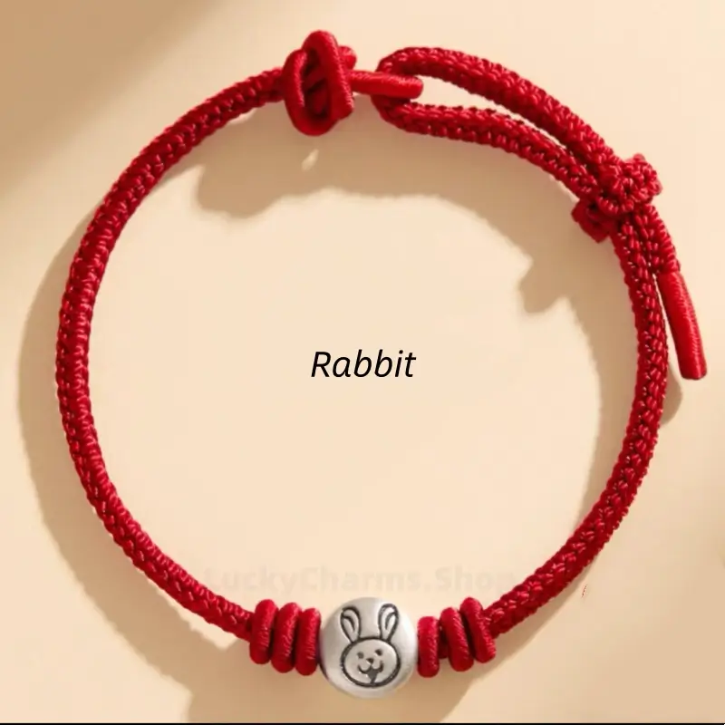 Chinese zodiac Rabbit braided red string bracelet with a 999 fine silver cute animal charm bead.