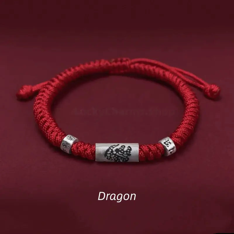 Dragon 925 silver Chinese zodiac Lu Lu Tong bright red string bracelet with mantra beads.