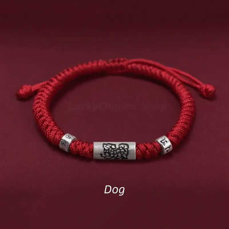 Dog 925 silver Chinese zodiac Lu Lu Tong bright red string bracelet with mantra beads.