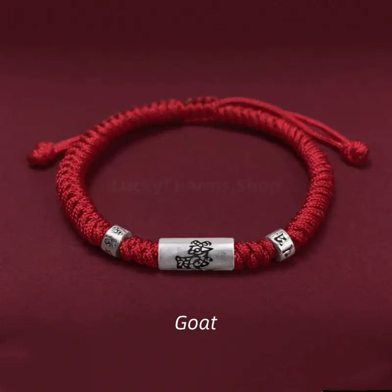 Goat 925 silver Chinese zodiac Lu Lu Tong bright red string bracelet with mantra beads.