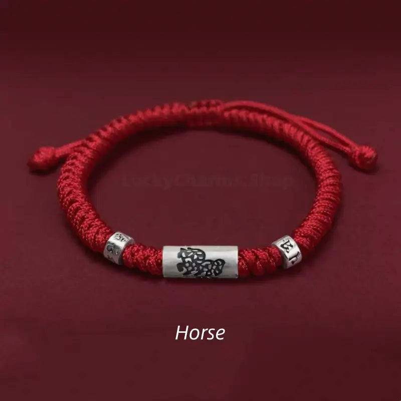 Horse 925 silver Chinese zodiac Lu Lu Tong bright red string bracelet with mantra beads.