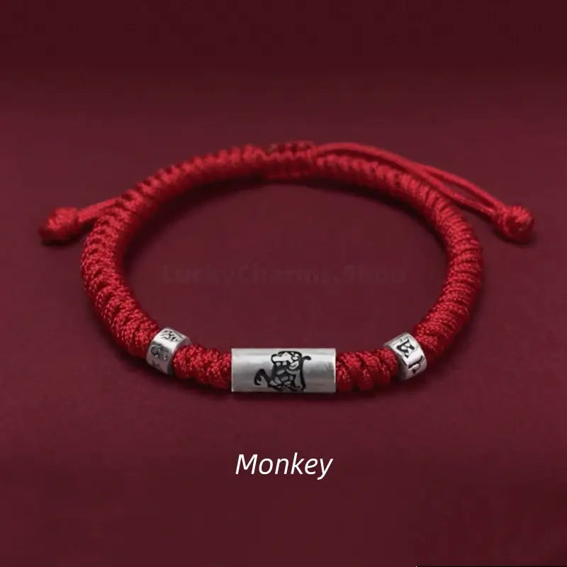 Monkey 925 silver Chinese zodiac Lu Lu Tong bright red string bracelet with mantra beads.