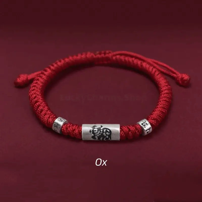 Ox 925 silver Chinese zodiac Lu Lu Tong bright red string bracelet with mantra beads.