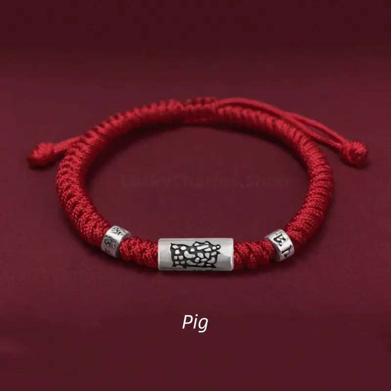 Pig 925 silver Chinese zodiac Lu Lu Tong bright red string bracelet with mantra beads.