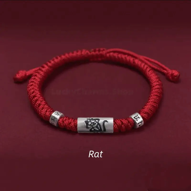 Rat 925 silver Chinese zodiac Lu Lu Tong bright red string bracelet with mantra beads.