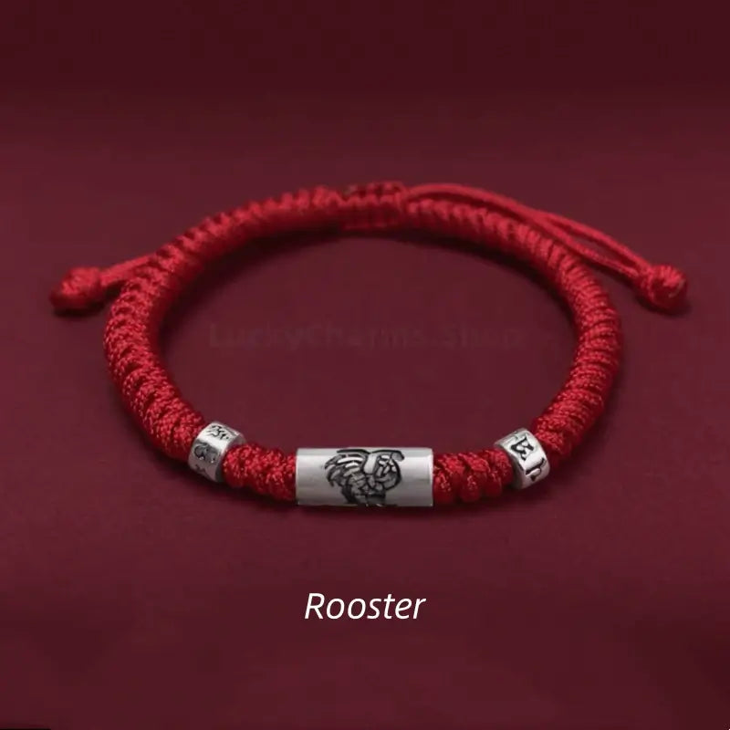 Rooster 925 silver Chinese zodiac Lu Lu Tong bright red string bracelet with mantra beads.