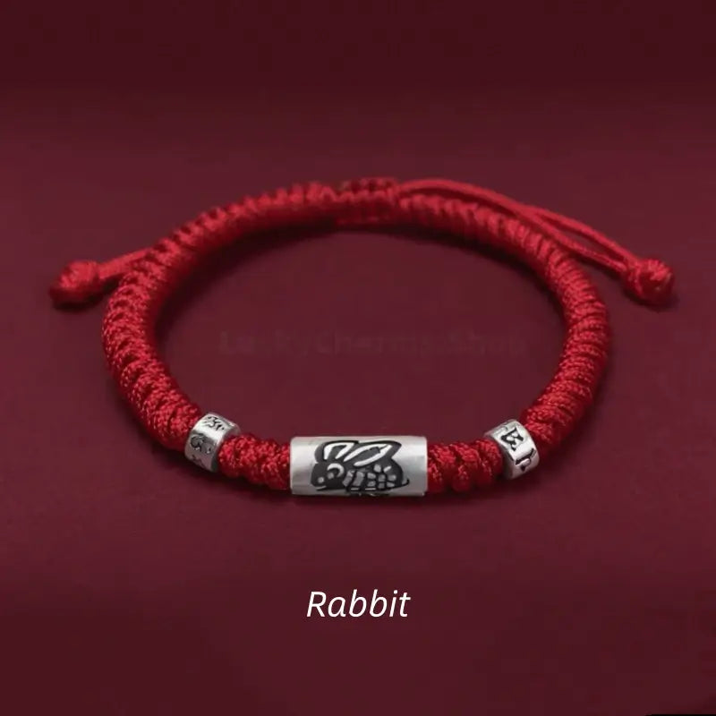 Rabbit 925 silver Chinese zodiac Lu Lu Tong bright red string bracelet with mantra beads.