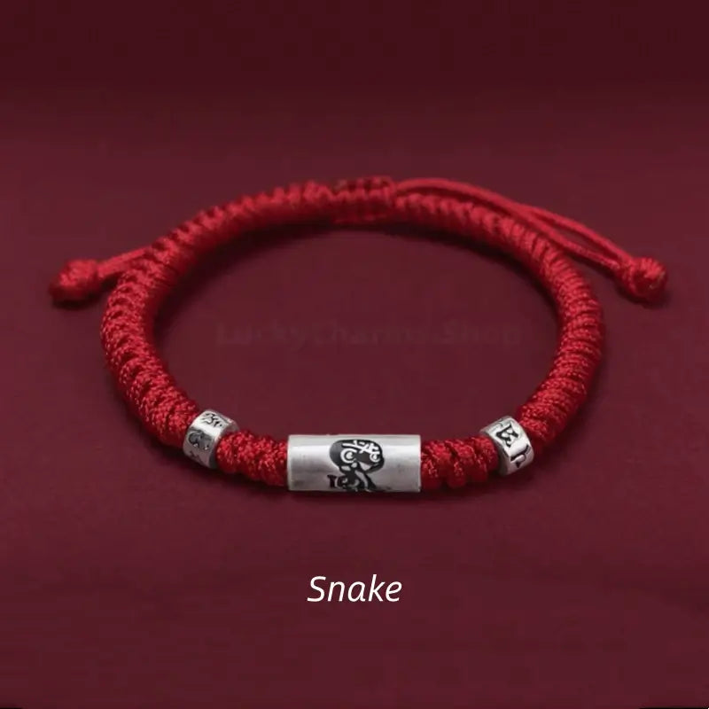 Snake 925 silver Chinese zodiac Lu Lu Tong bright red string bracelet with mantra beads.