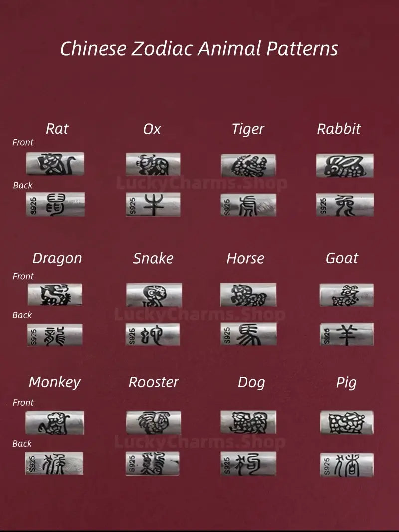 Chart of 12 Chinese zodiac animal patterns for 925 silver Lu Lu Tong tube beads front and back.
