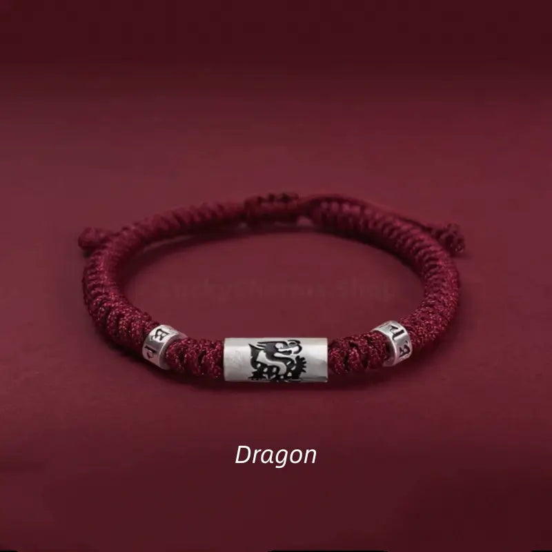 Dragon 925 silver Chinese zodiac Lu Lu Tong red string bracelet with six-syllable mantra beads.