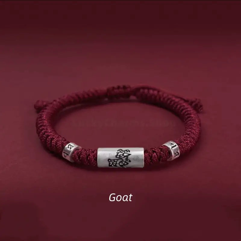 Goat 925 silver Chinese zodiac Lu Lu Tong red string bracelet with six-syllable mantra beads.
