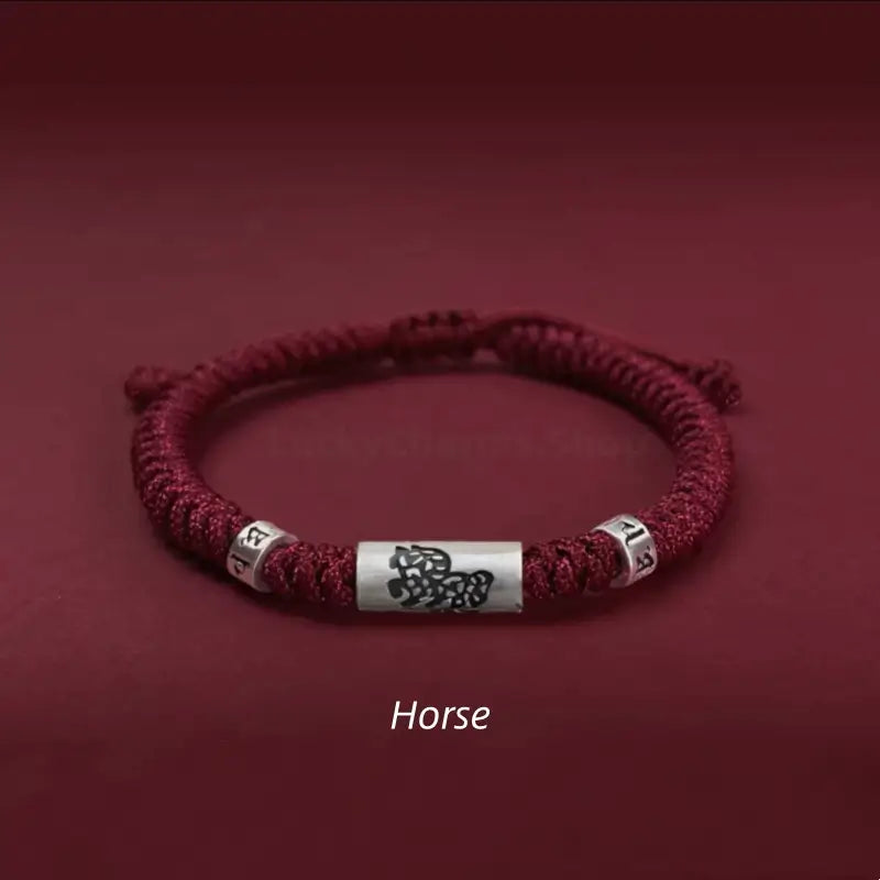 Horse 925 silver Chinese zodiac Lu Lu Tong red string bracelet with six-syllable mantra beads.