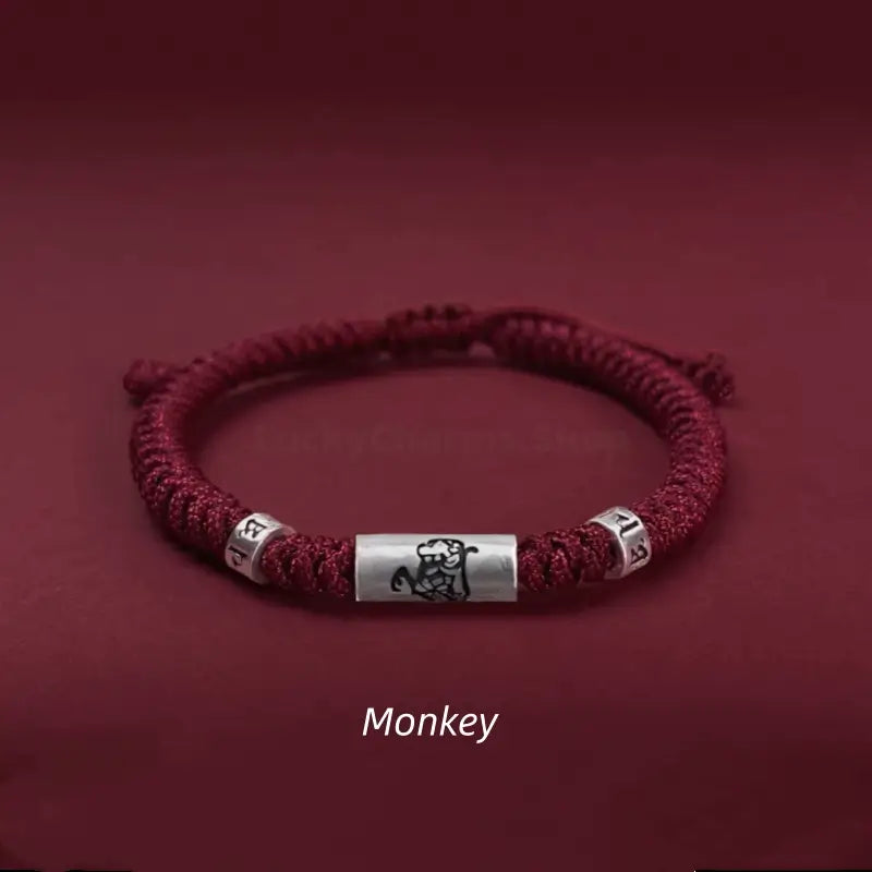 Monkey 925 silver Chinese zodiac Lu Lu Tong red string bracelet with six-syllable mantra beads.