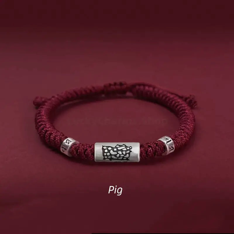 Pig 925 silver Chinese zodiac Lu Lu Tong red string bracelet with six-syllable mantra beads.