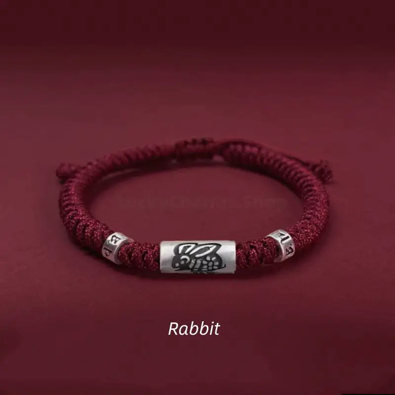 Rabbit 925 silver Chinese zodiac Lu Lu Tong red string bracelet with six-syllable mantra beads.