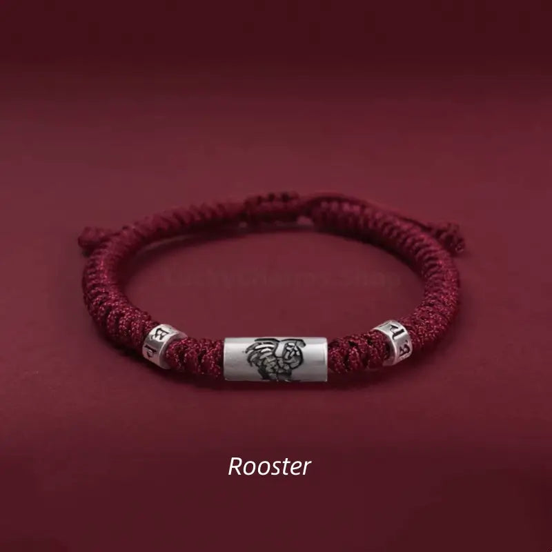 Rooster 925 silver Chinese zodiac Lu Lu Tong red string bracelet with six-syllable mantra beads.