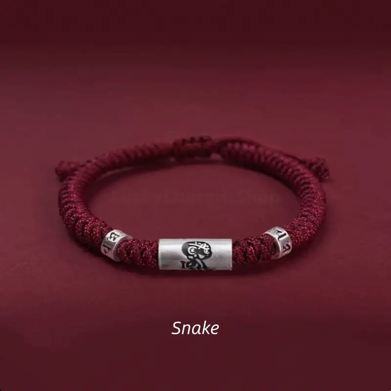 Snake 925 silver Chinese zodiac Lu Lu Tong red string bracelet with six-syllable mantra beads.