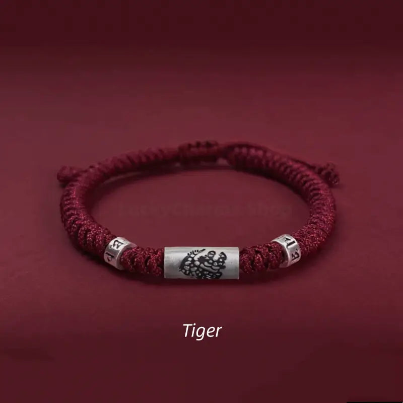 Tiger 925 silver Chinese zodiac Lu Lu Tong red string bracelet with six-syllable mantra beads.