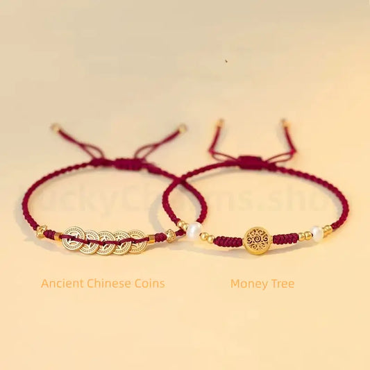 Gold Plated Money Tree & Ancient Chinese Coins Braided Rope Bracelet-LuckyCharms.Shop