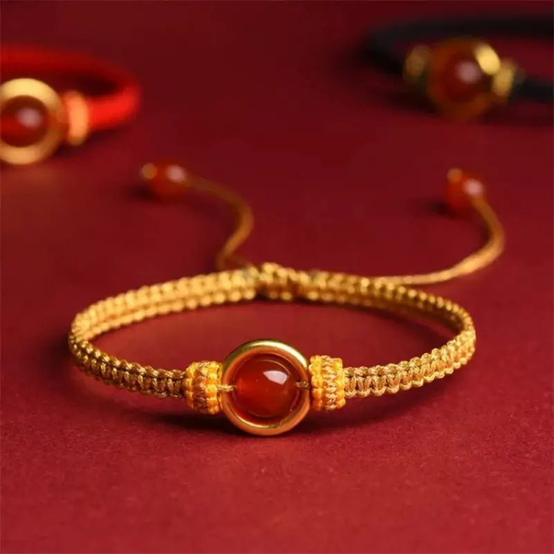 Mount Putuo Blessed Gold-Plated Peace Buckle Bracelet | Red Agate Fortune Beads, Adjustable Vajra Knot Cord