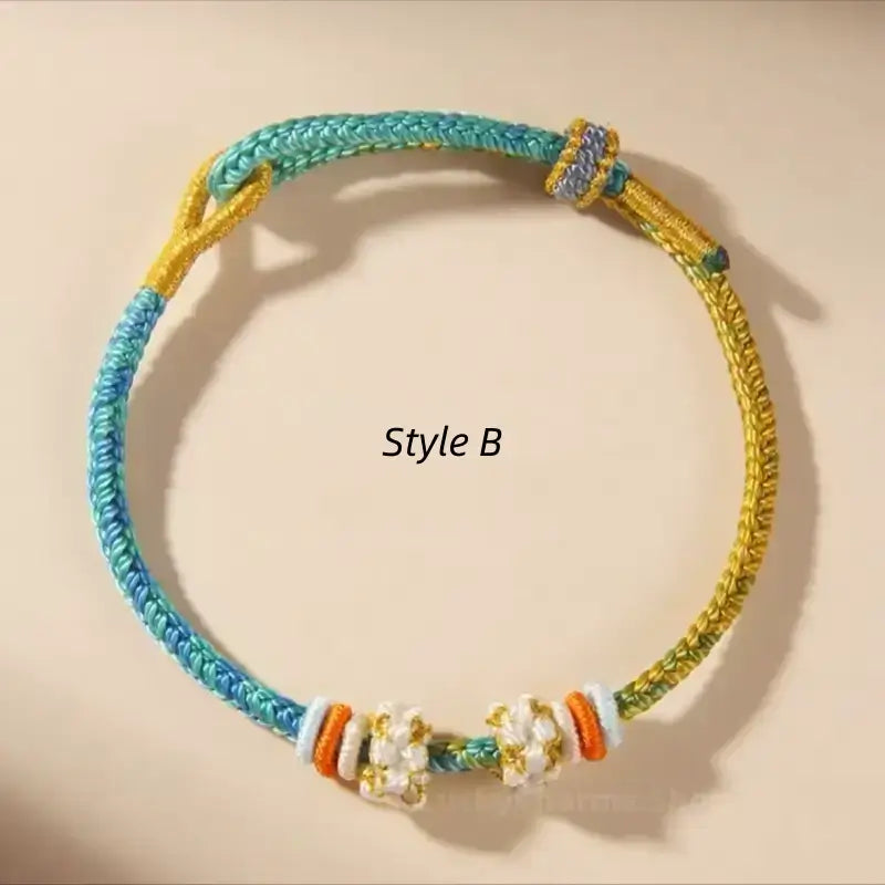 Style B blue and yellow braided rope bracelet cord featuring DIY peach blossom knot beads.