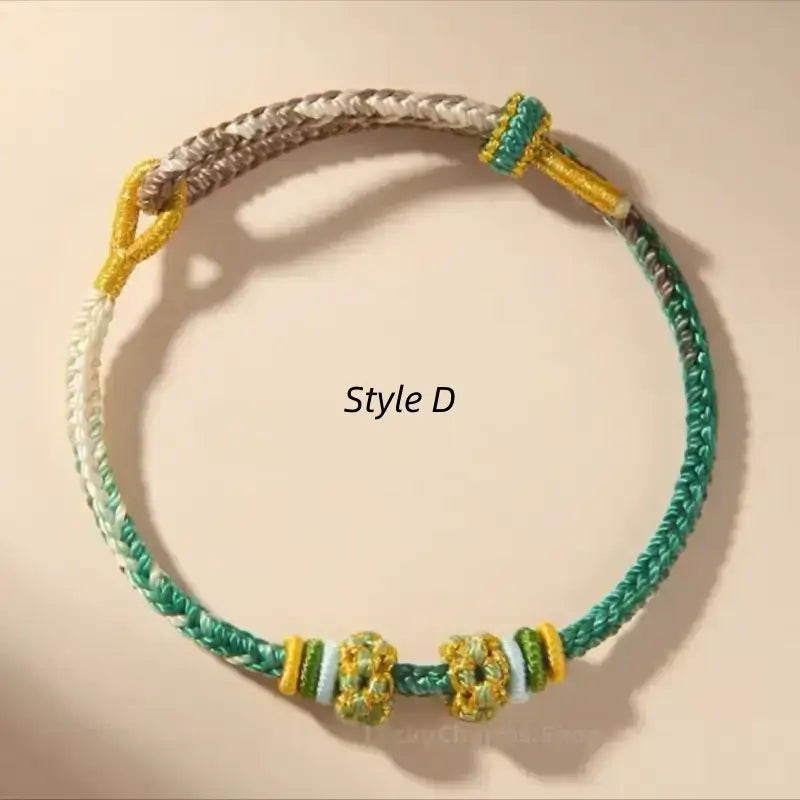 Style D green and beige braided cord bracelet for DIY jewelry making with peach blossom knots.