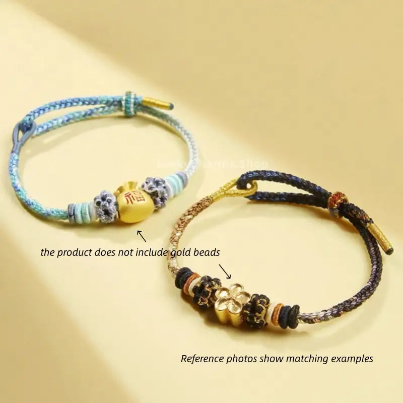 Two gradient braided cord bracelets displayed with gold beads as a DIY styling example.