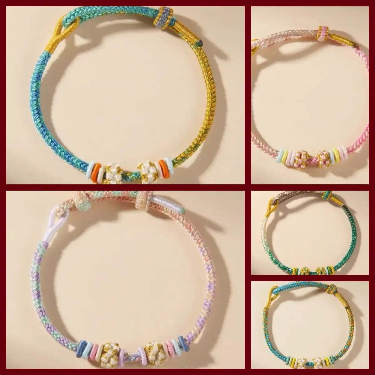 Collection of 5 gradient braided rope bracelet styles featuring DIY peach blossom knot accents.
