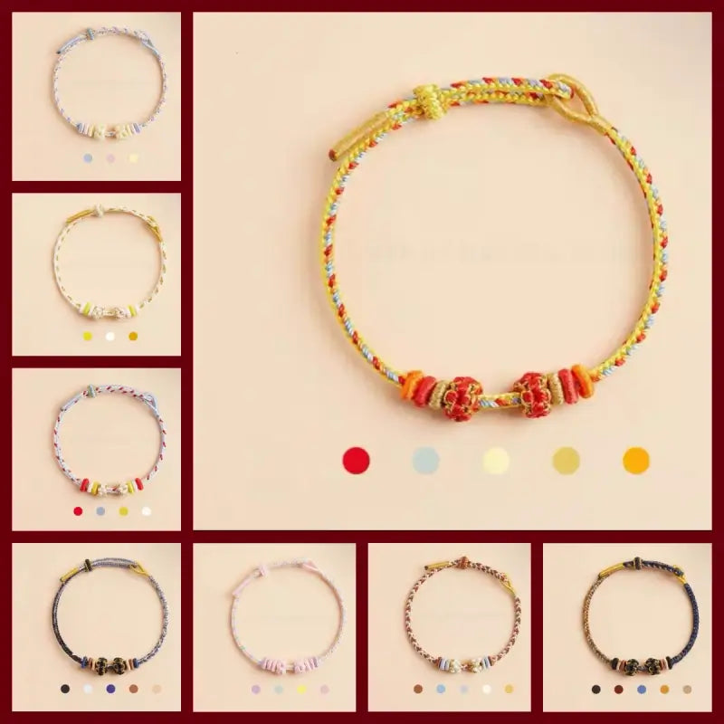 Collection of Putuo peach blossom knot patterned DIY braided string bracelets in various colors.