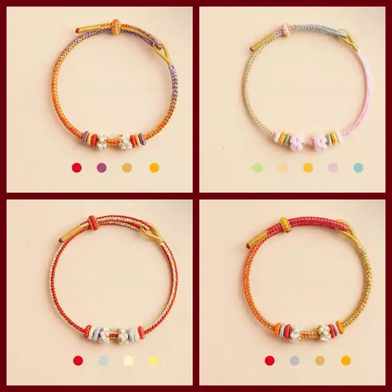 Four styles of Putuo peach blossom knot gradient braided DIY string protection bracelets.