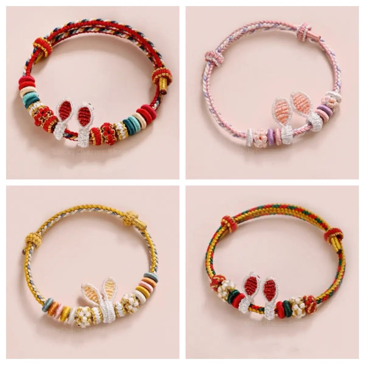 Four color variations of handmade braided rabbit ear bracelets with adjustable knots.