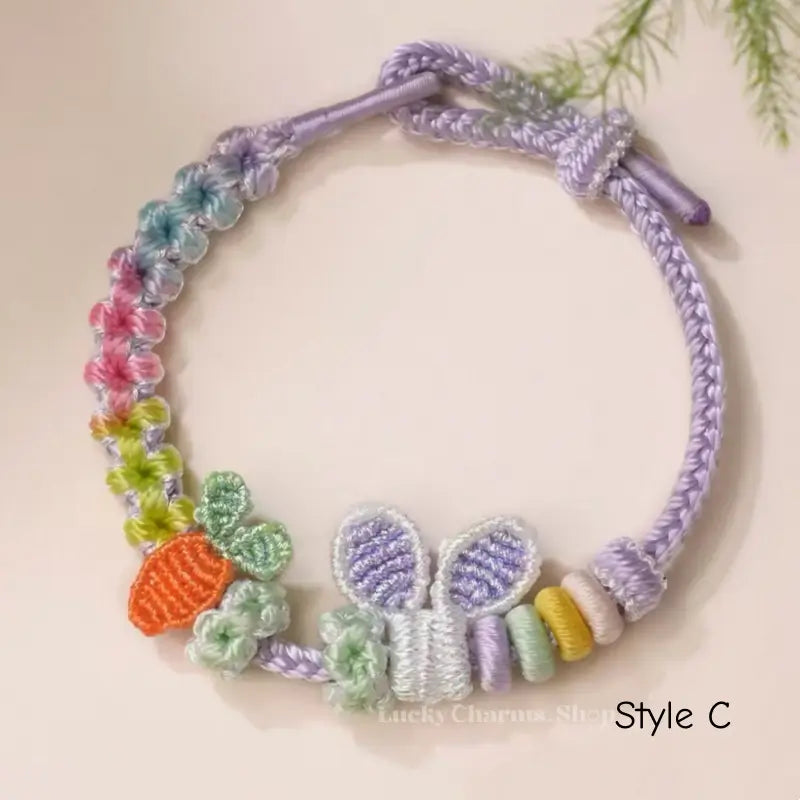 Hand-woven DIY bunny ear and carrot bracelet in Style C purple cord design.