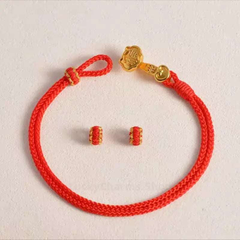 Bright red braided rope bracelet cord with gold-plated Ruyi clasp and spacer rings.