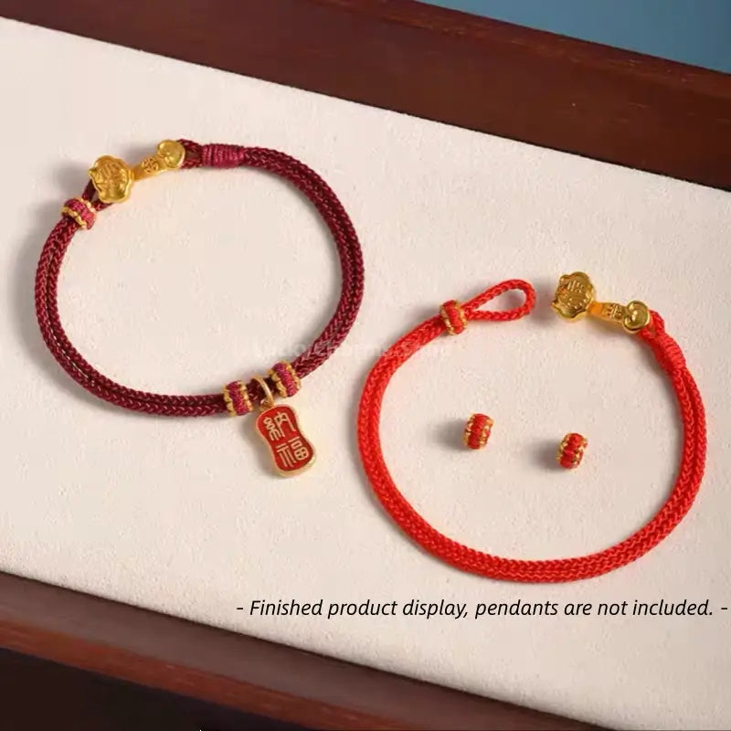 Red and dark red braided rope bracelets with Ruyi clasps shown as DIY jewelry examples.